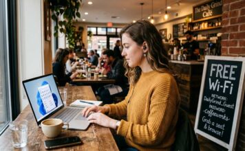 Hackers Love Public Wi-Fi: 7 Mistakes That Put Your Data at Risk A woman wearing earbuds works on a laptop at a wooden table in a busy cafe