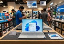 10 Signs You Need a New Laptop (And Shouldn’t Keep Repairing the Old One) A Dell XPS 13 Plus laptop on display in a busy electronics store with customers browsing