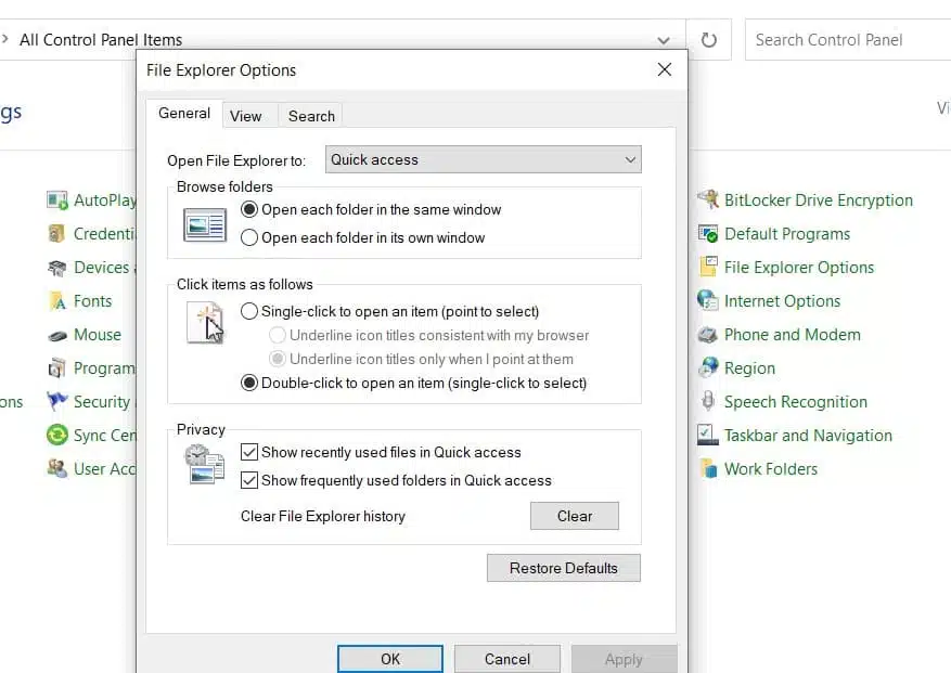 Clear file explorer history
