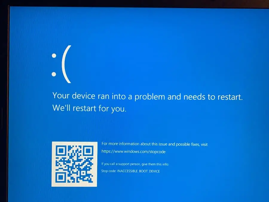 Inaccessible Boot Device error