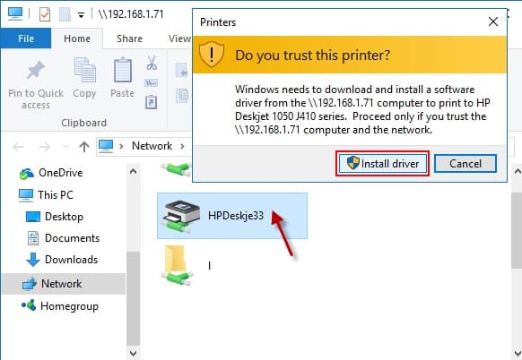 Install network shared printer