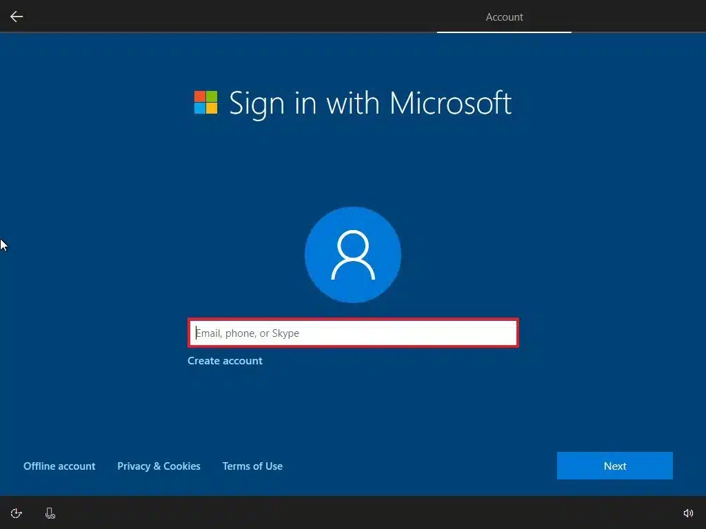 Create Windows 10 account at setup