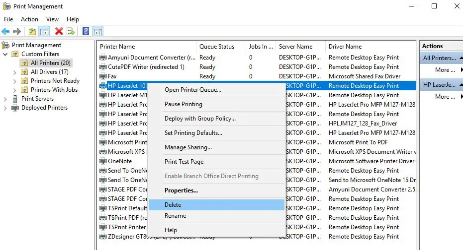 Delete printer from print management