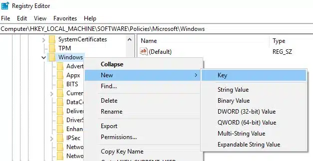 create WindowsUpdate key