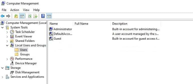 Default user accounts Windows PC