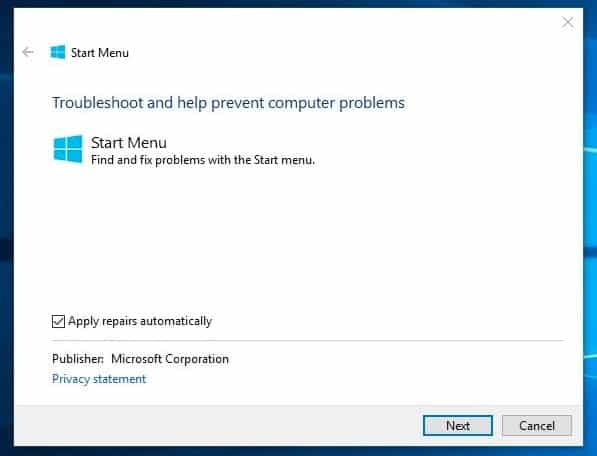 Windows 10 start menu troubleshooter