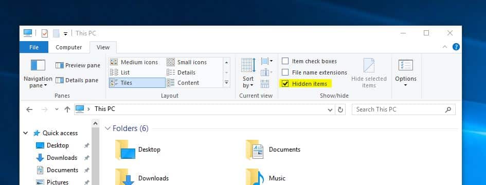 show hidden items on windows 10