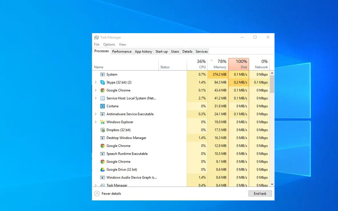 100 disk usage in Windows 10
