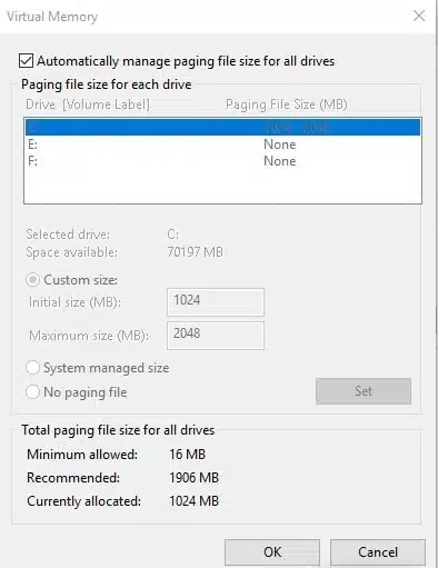 Automatically manage paging file size