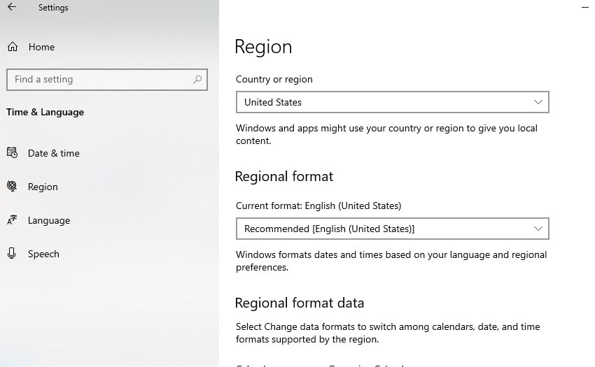 Change region Settings