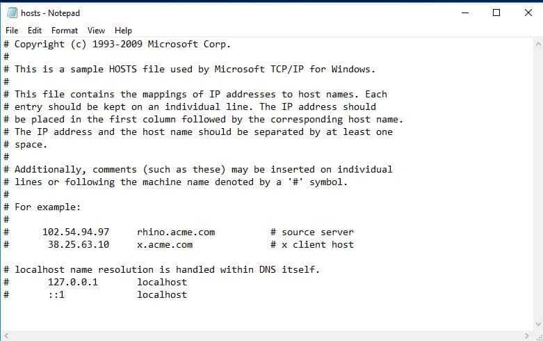 Default host file entries