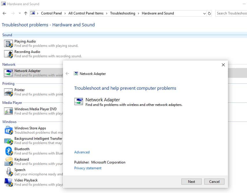 Run Network adapter Troubleshooter