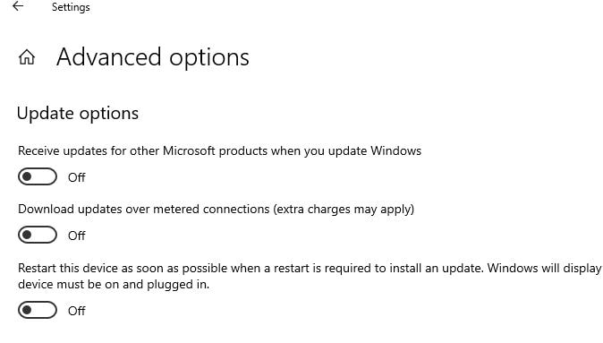 Windows update advanced options