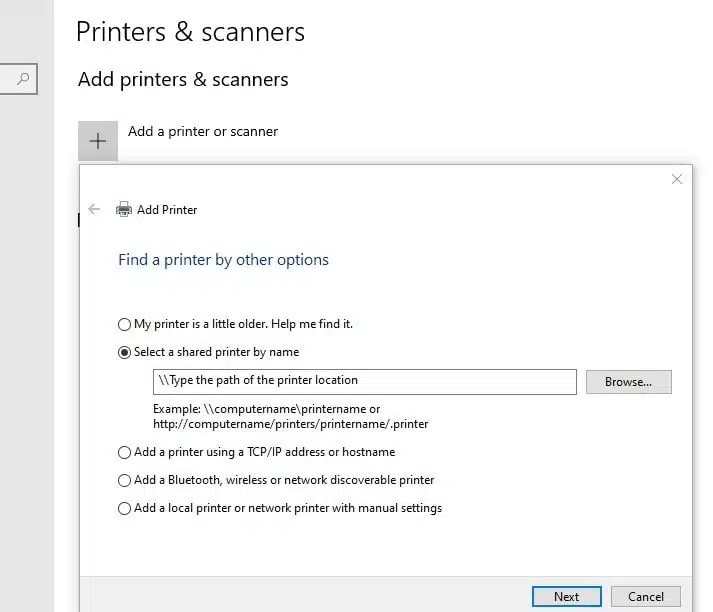 type the path of the printer location
