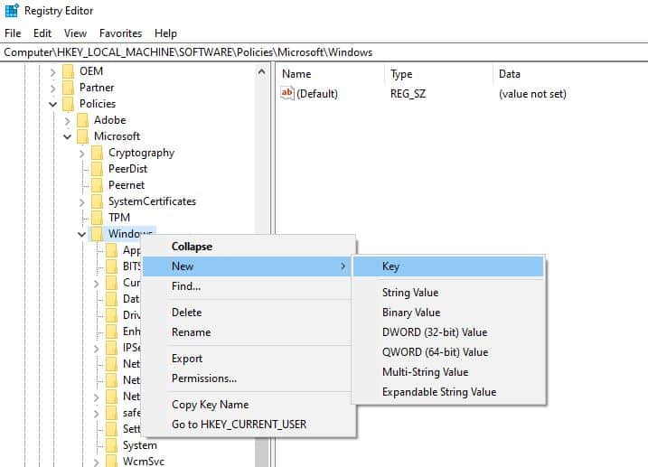 Create new registry key