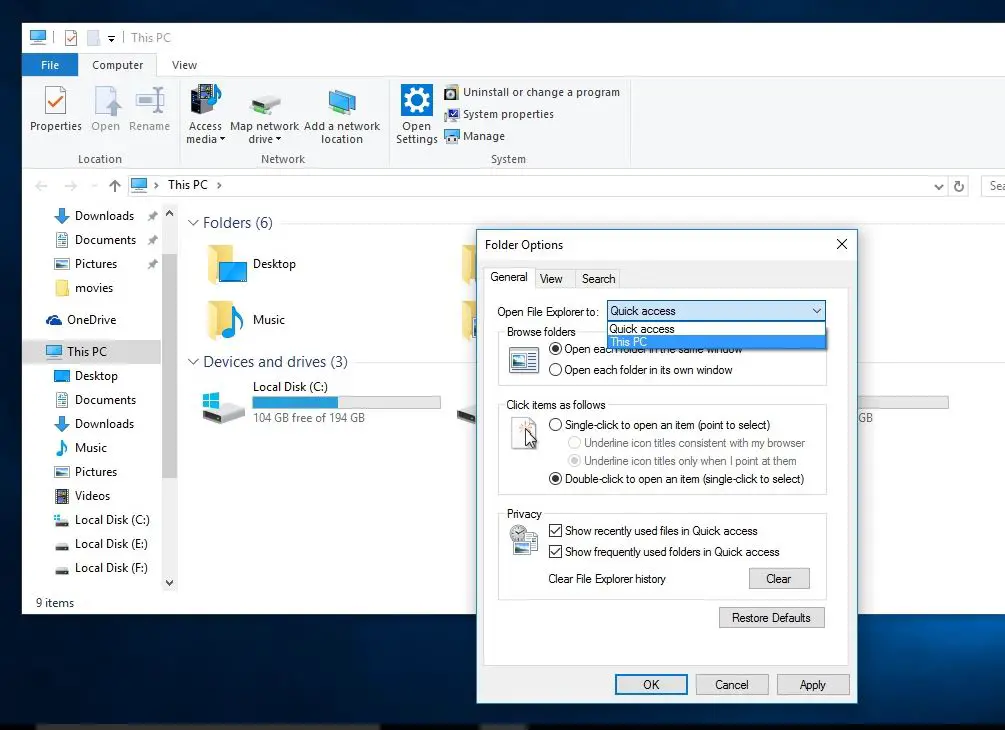 Make Windows 10 File Explorer Open to This PC