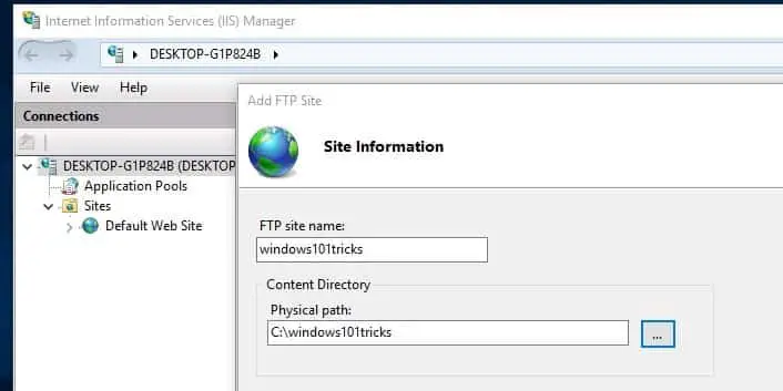 Name the FTP server and select physical path
