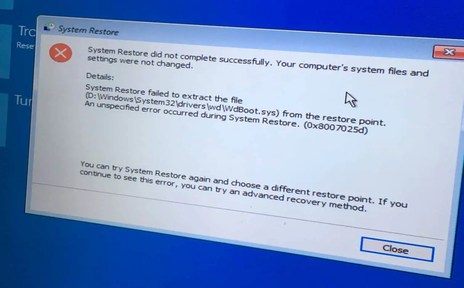 system restore not working windows 10