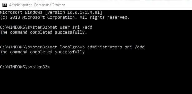 Add user account using command prompt