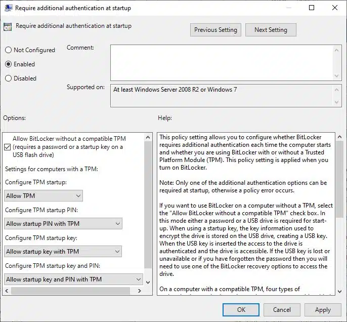 Allow bitlocker without TPM group policy
