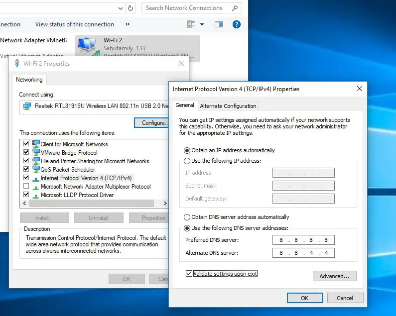 Change DNS server Address In Windows 10