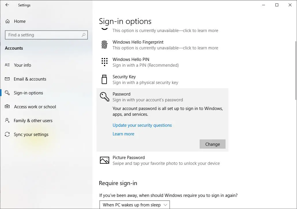 Windows 10 Login Options Using Password Pin Picture Password