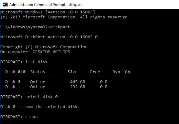 Clean disk drive using diskpart