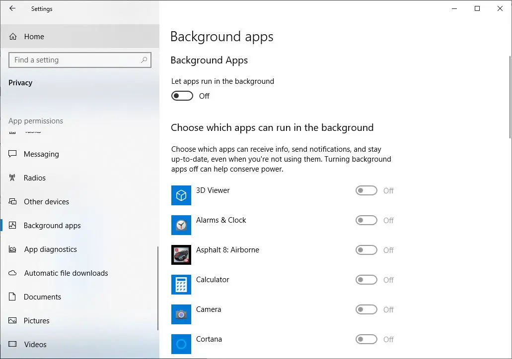 Stop Apps Running from Background in Windows 10