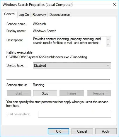 Disable windows search service