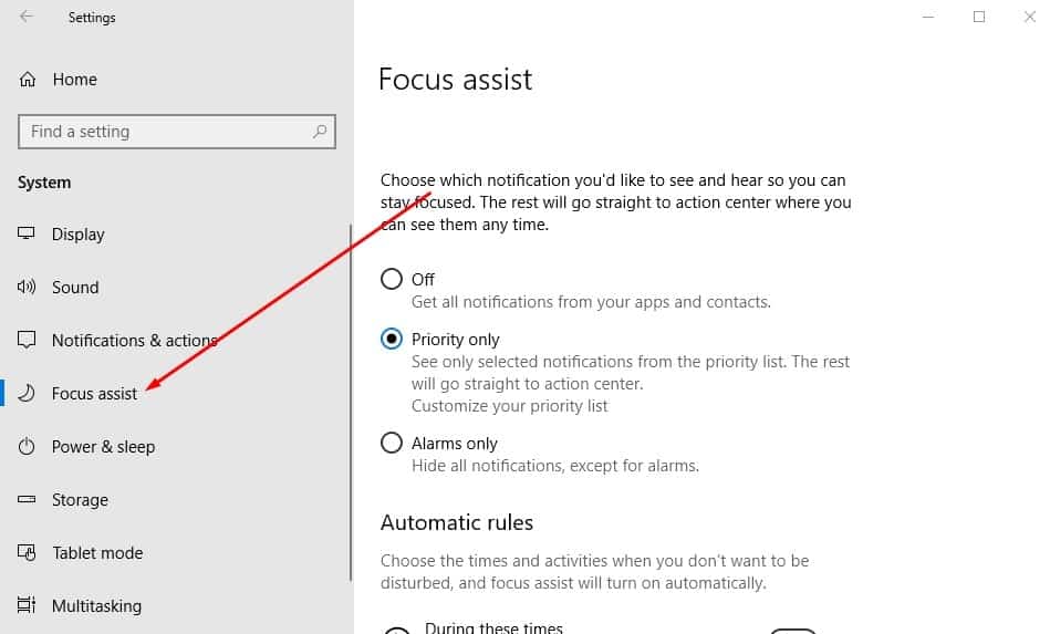 Enable or disable focus assist on Windows 10