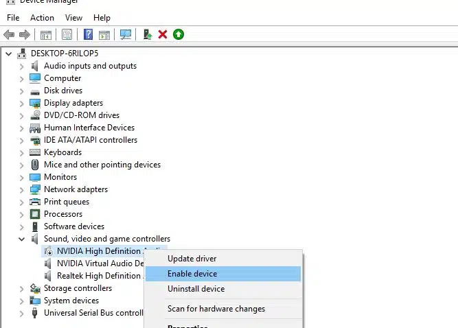Enabling audio device in device manager