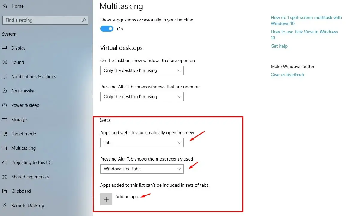 How to enable/Disable and Manage windows 10 sets feature