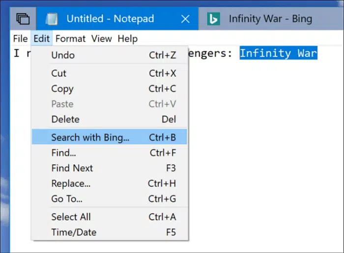 Notepad Search with Bing