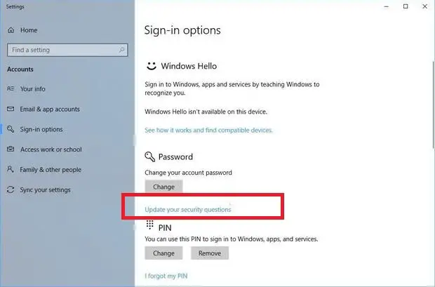 Password recovery option for local accounts