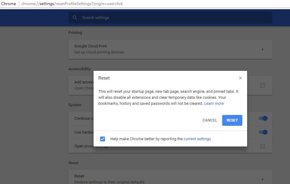 Reset Google chrome