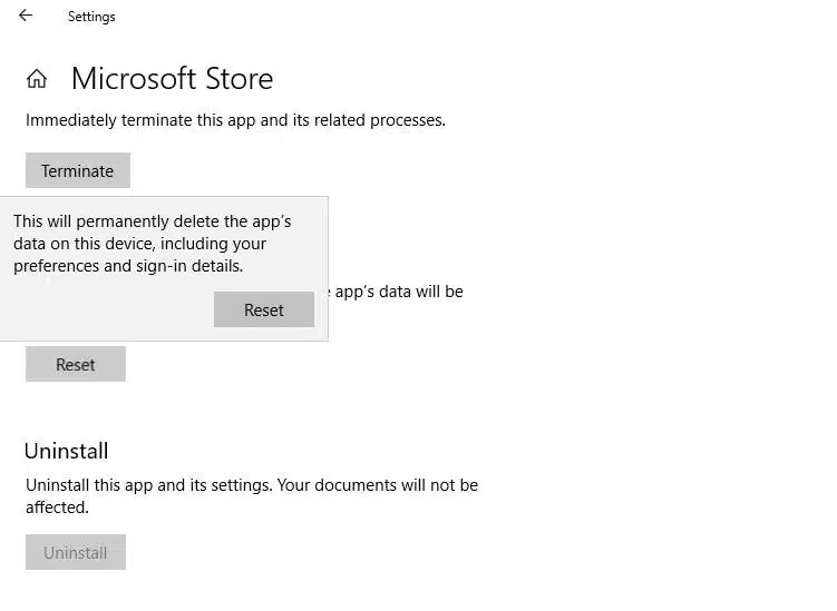 Reset Microsoft Store Windows 10