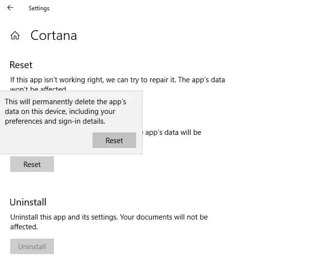 Reset Windows 10 Cortana app