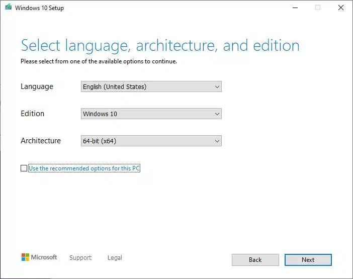 Select language architecture and edition