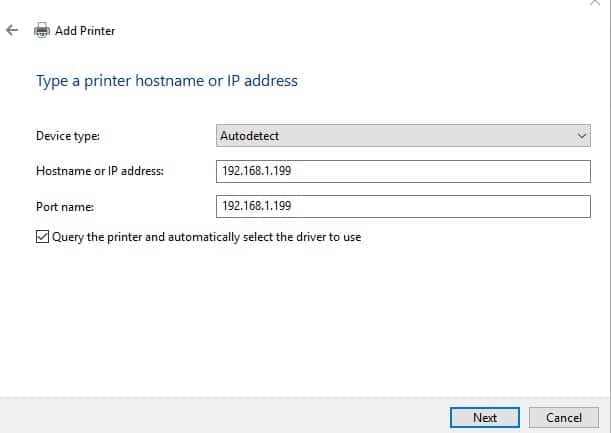 Type printer hostname or IP address