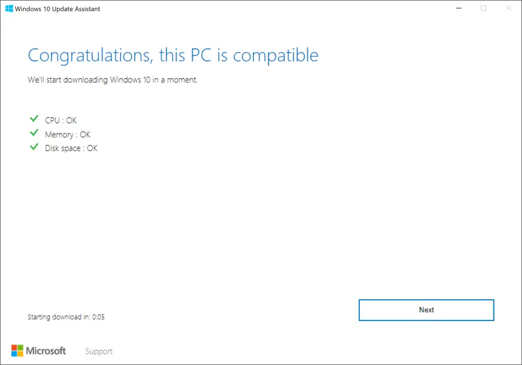 Windows 10 Update Assistant Checking hardware configuration