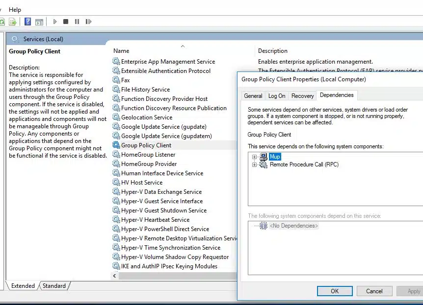 check group policy depends services are running