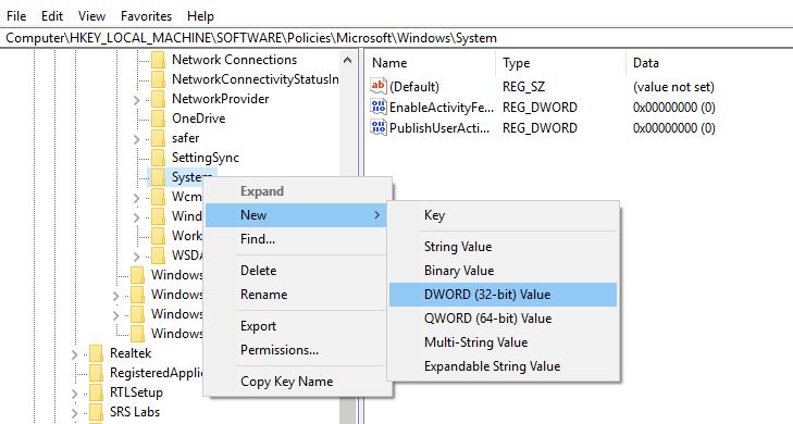 create a new DWORD value