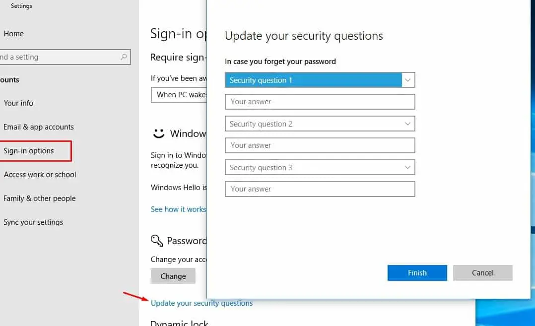 update local account security questions