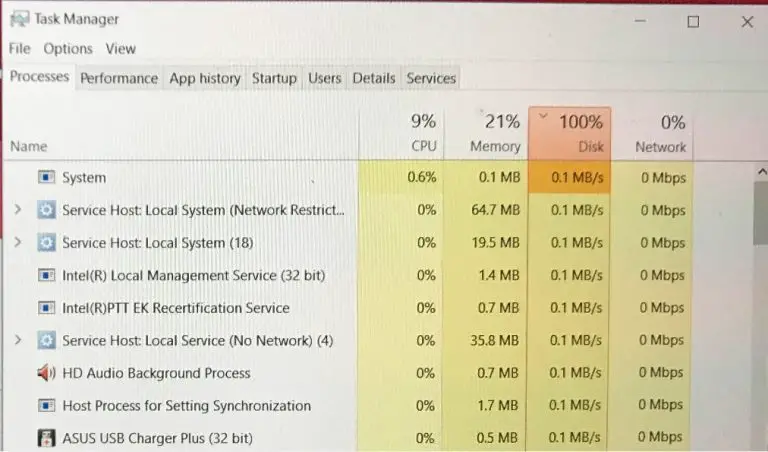 windows 10 system causing 100 disk usage