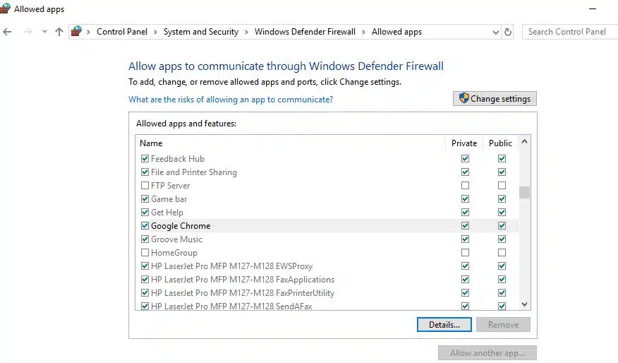 Allow Chrome through Windows Defender Firewall