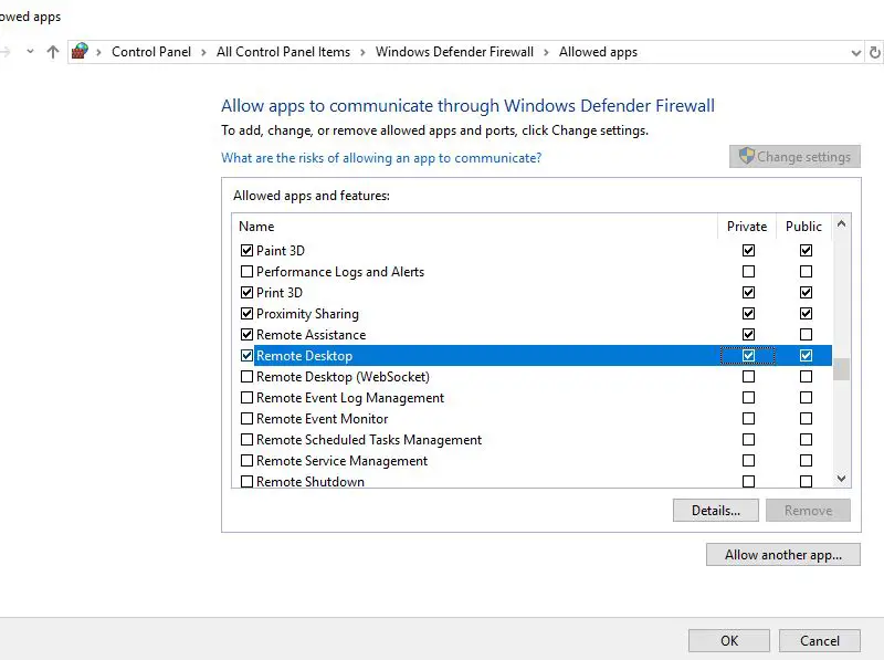 Allow Remote Desktop Via Windows Defender Firewall