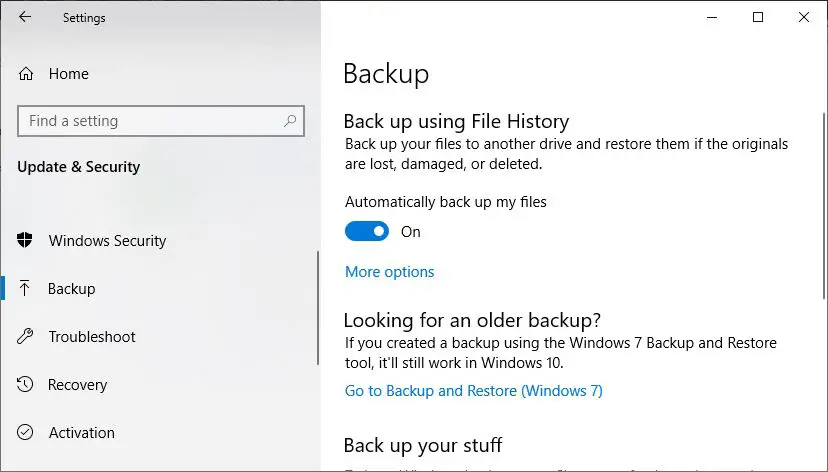 Automatically back up my files option