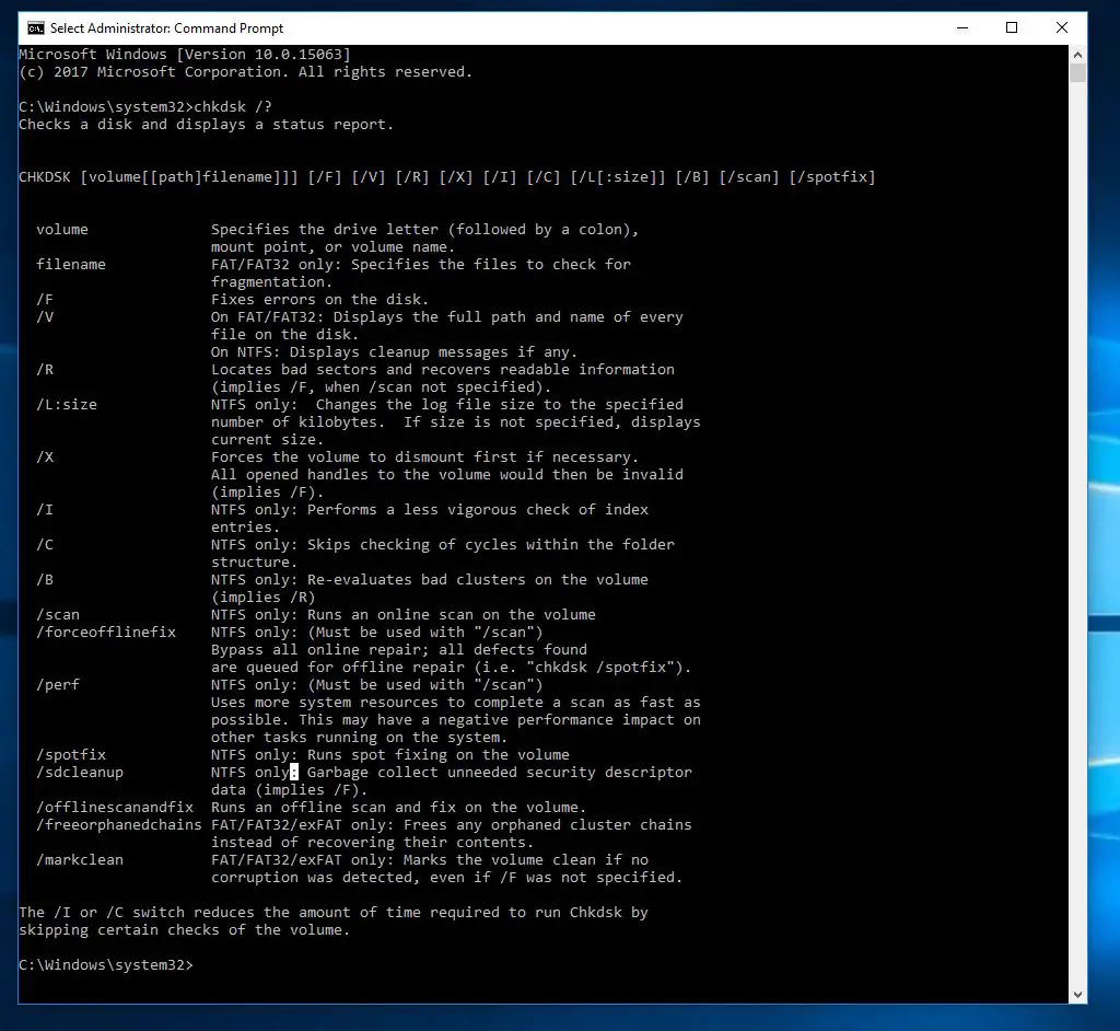 CHKDSK Help command