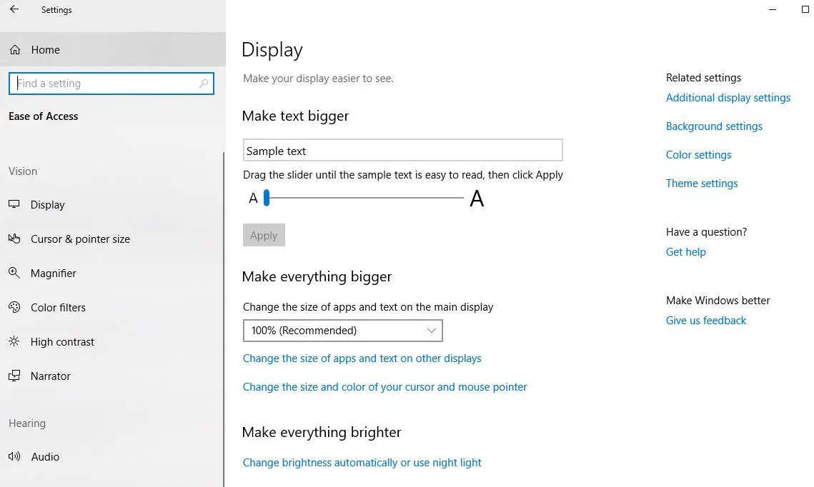 Change the size of text in Windows 10