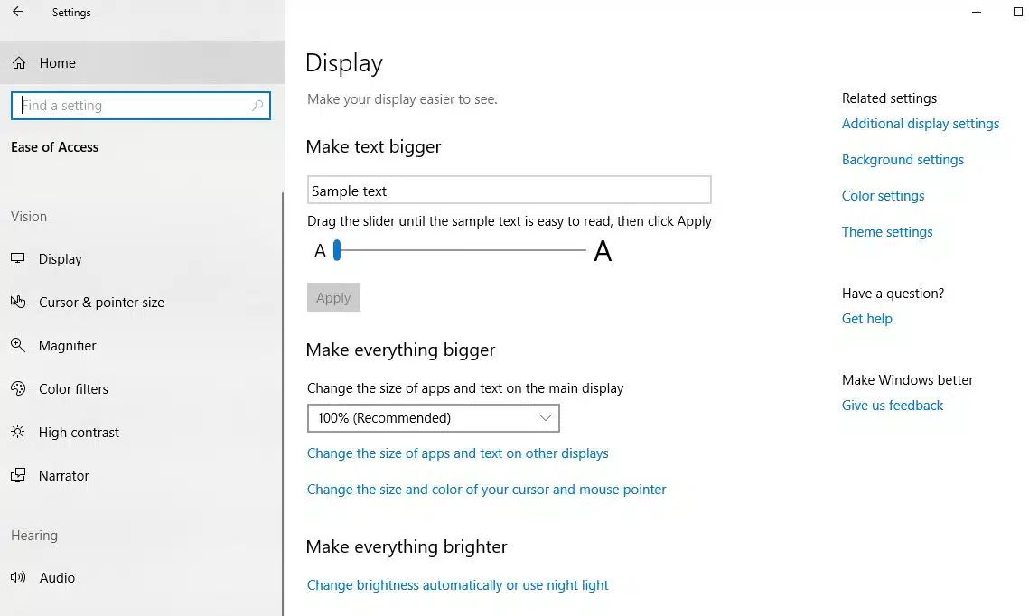 Change the size of text in Windows 10